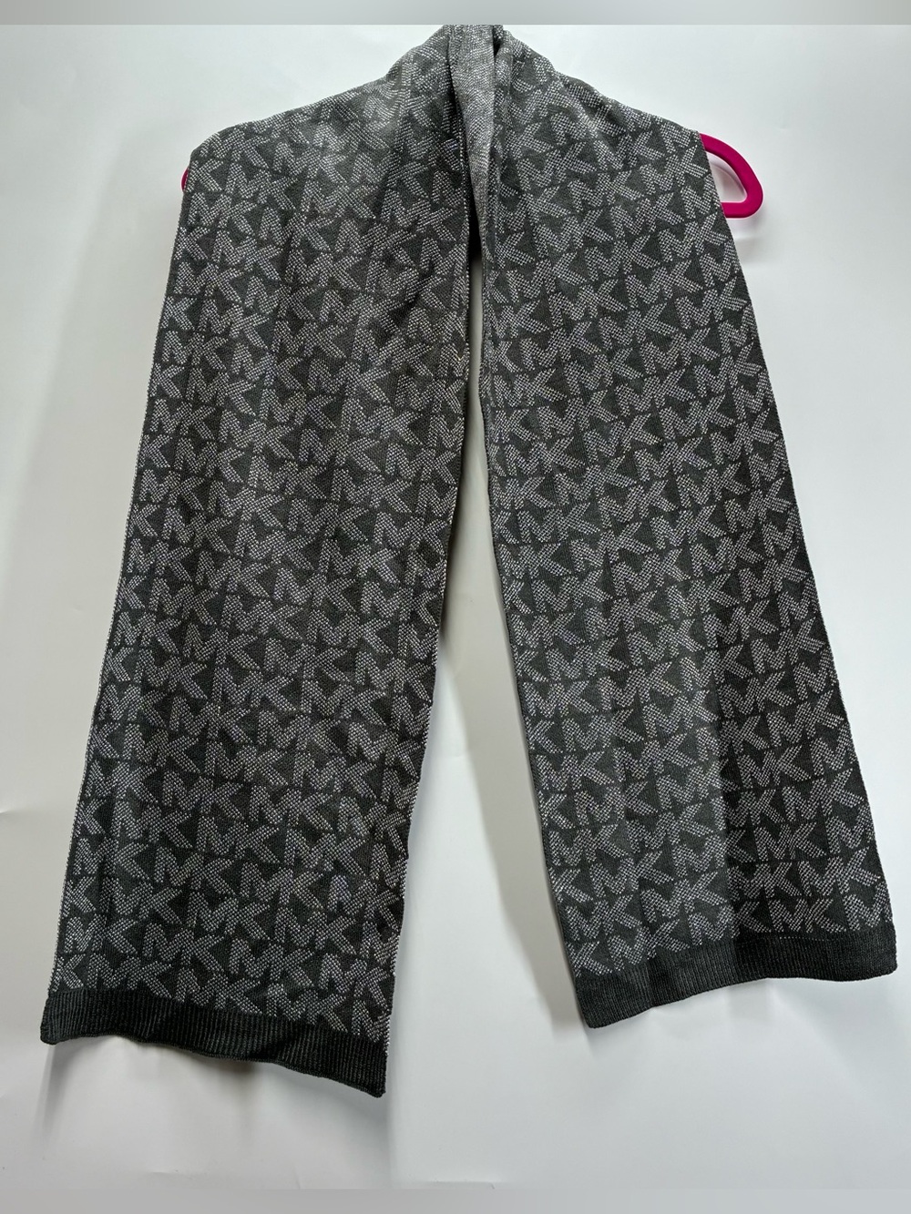 Michael Kors Metallic All Over Print AOP Logo MK Long Scarf Winter Gray